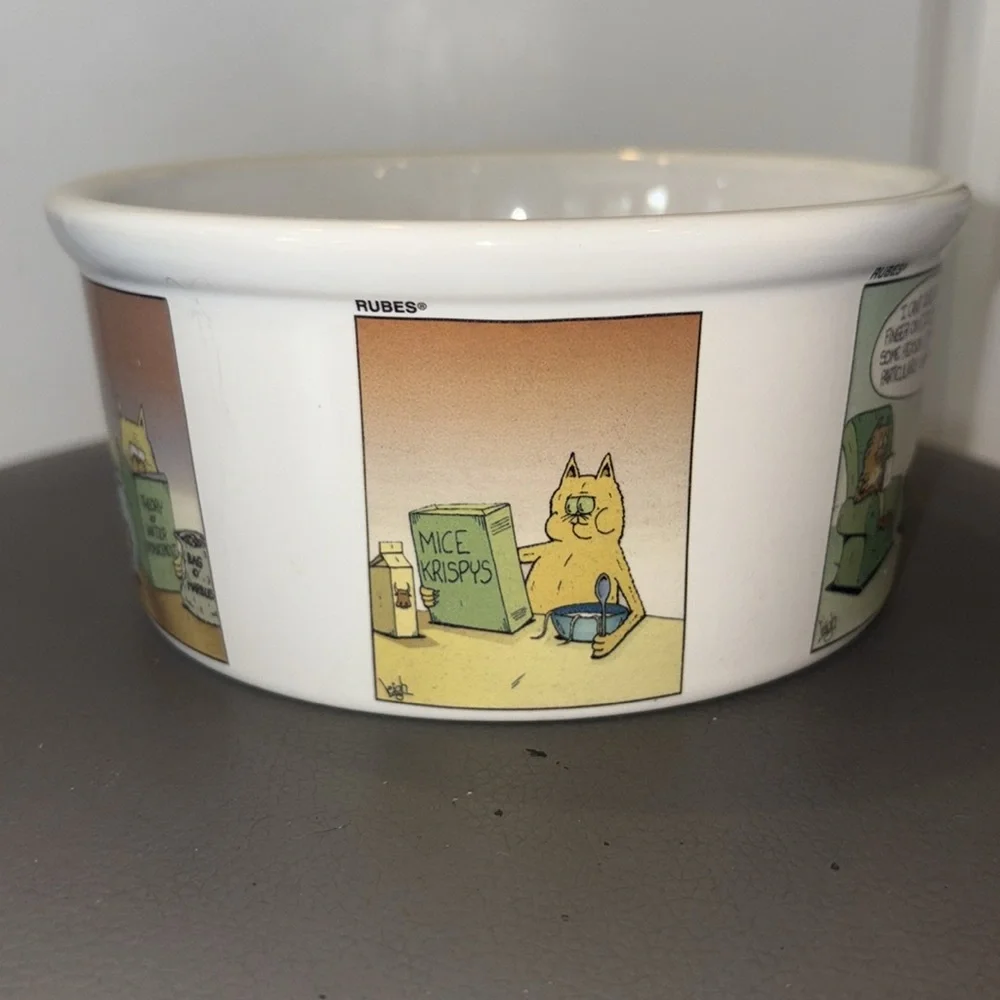Rubes Leigh Rubin Cat Bowl with Mischievous Cat Cartoon Scenes 2002, 2.75” Deep